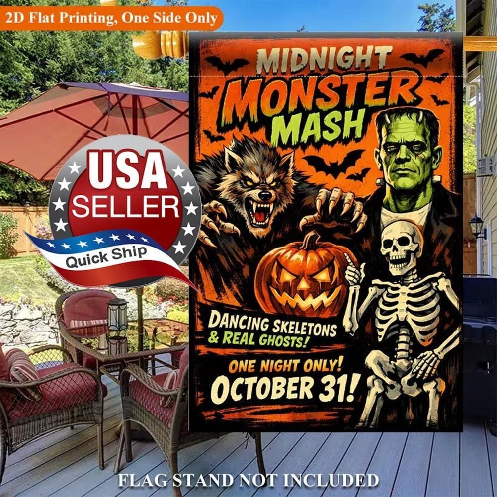 Halloween Monster Mash Party Poster 12x18 Flag • Frankenstein Werewolf Skeleton